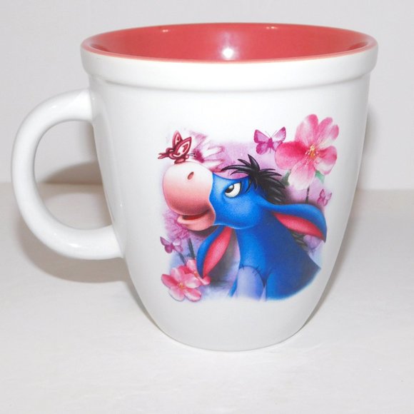 Disney Store Winnie the Pooh White Pink Large Eeyore Coffee Mug Flower Butterfly - Picture 1 of 7